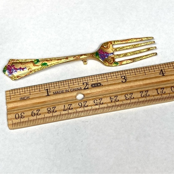 Fork Brooch Art Painted Gold Tone Large Unique Vintage Artisan - Picture 4 of 6